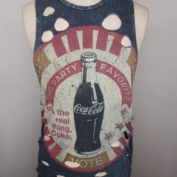 Coca Cola Womens Tank Top Small The Classic Grey Distressed Holes Party Favorite - Picture 1 of 12